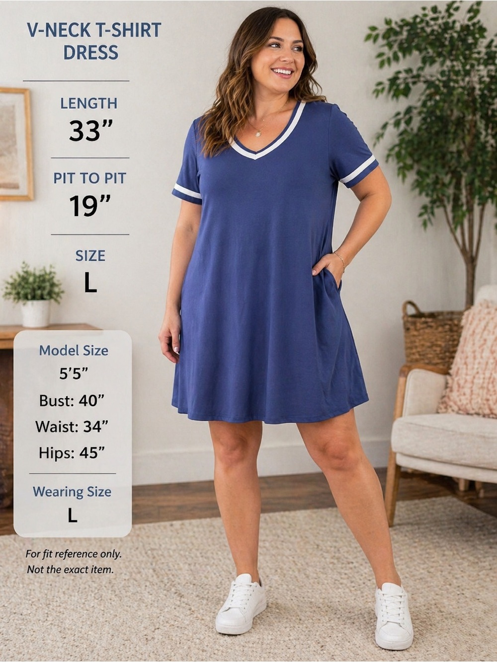 L Blue V-Neck T-Shirt Dress Short Sleeve Casual Stretch